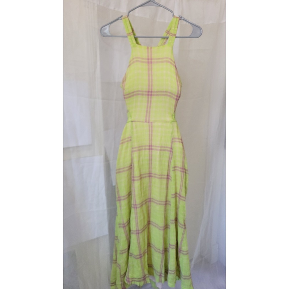 Free People Women XS Green Pink Plaid Maxi Dress Open Back Pockets